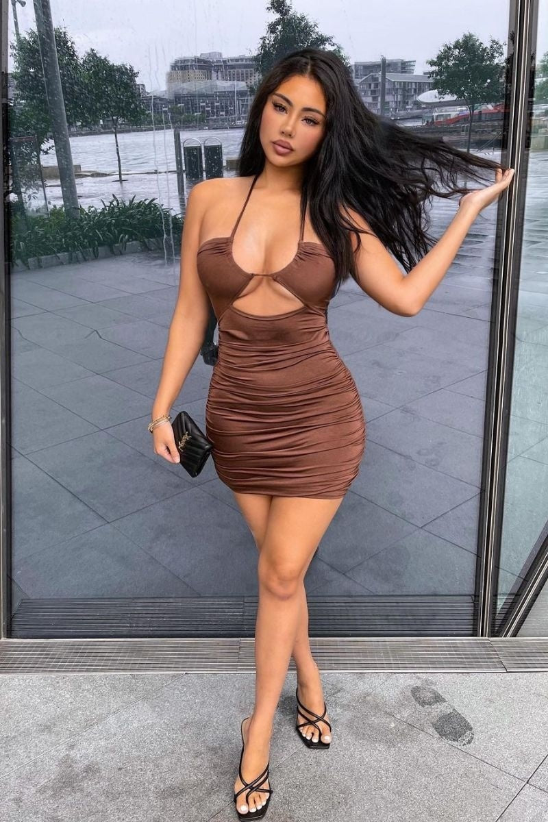 Brown Slinky Cross Strap Ruched Mini Dress