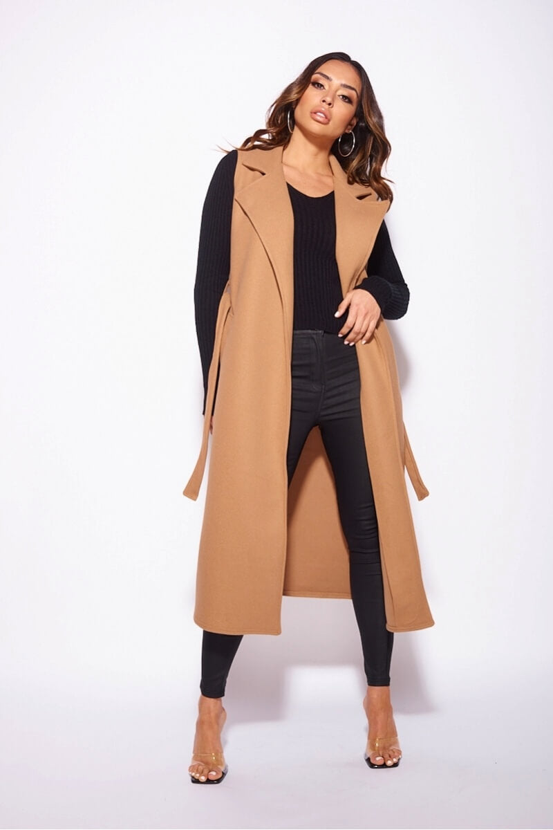 Camel Brushed Sleeveless Belted Duster Jacket – Fashion By Maya