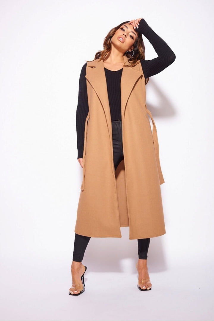 Camel Brushed Sleeveless Belted Duster Jacket