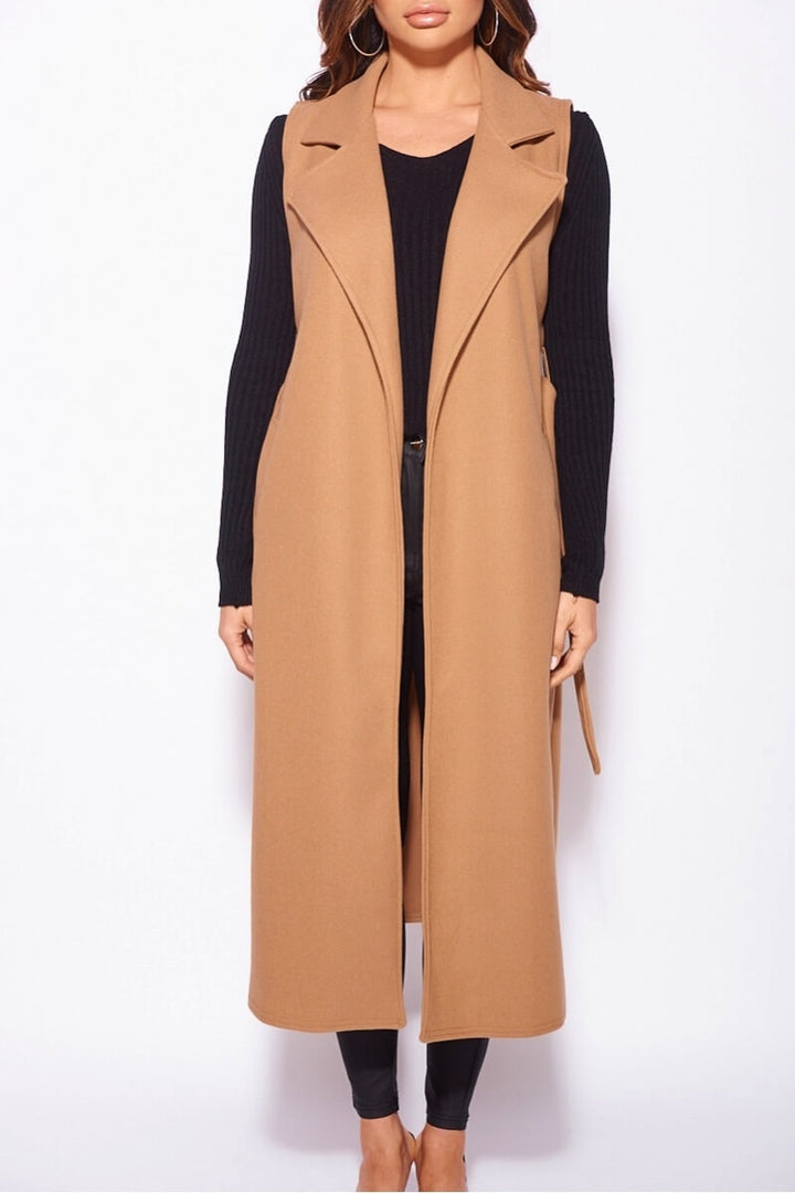 Camel Brushed Sleeveless Belted Duster Jacket
