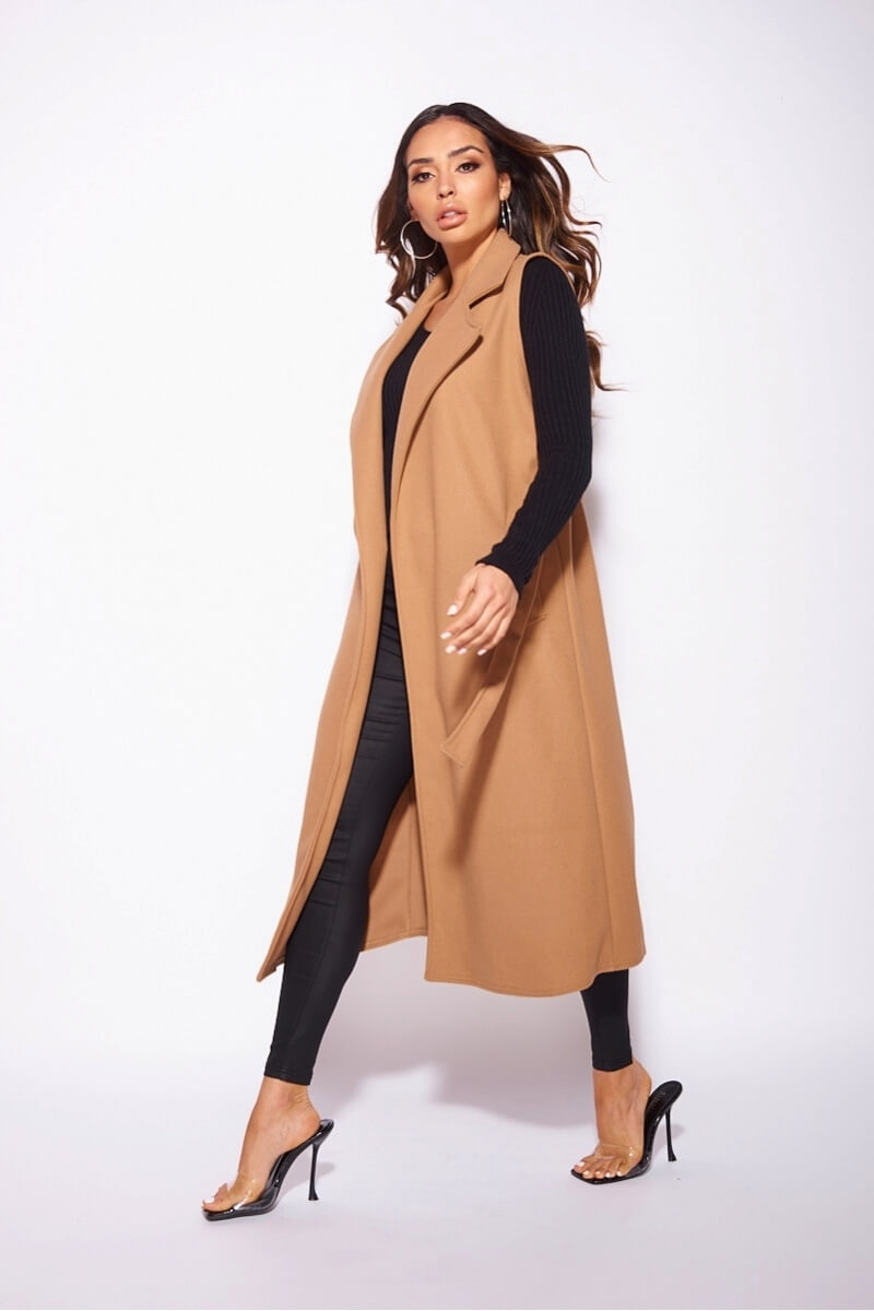 Camel Brushed Sleeveless Belted Duster Jacket
