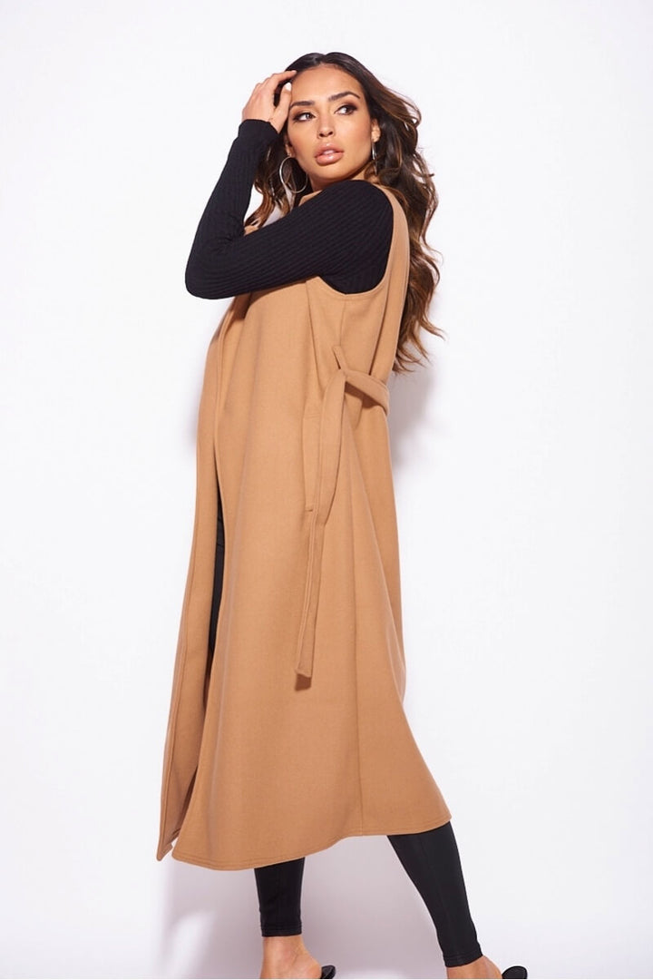 Camel Brushed Sleeveless Belted Duster Jacket