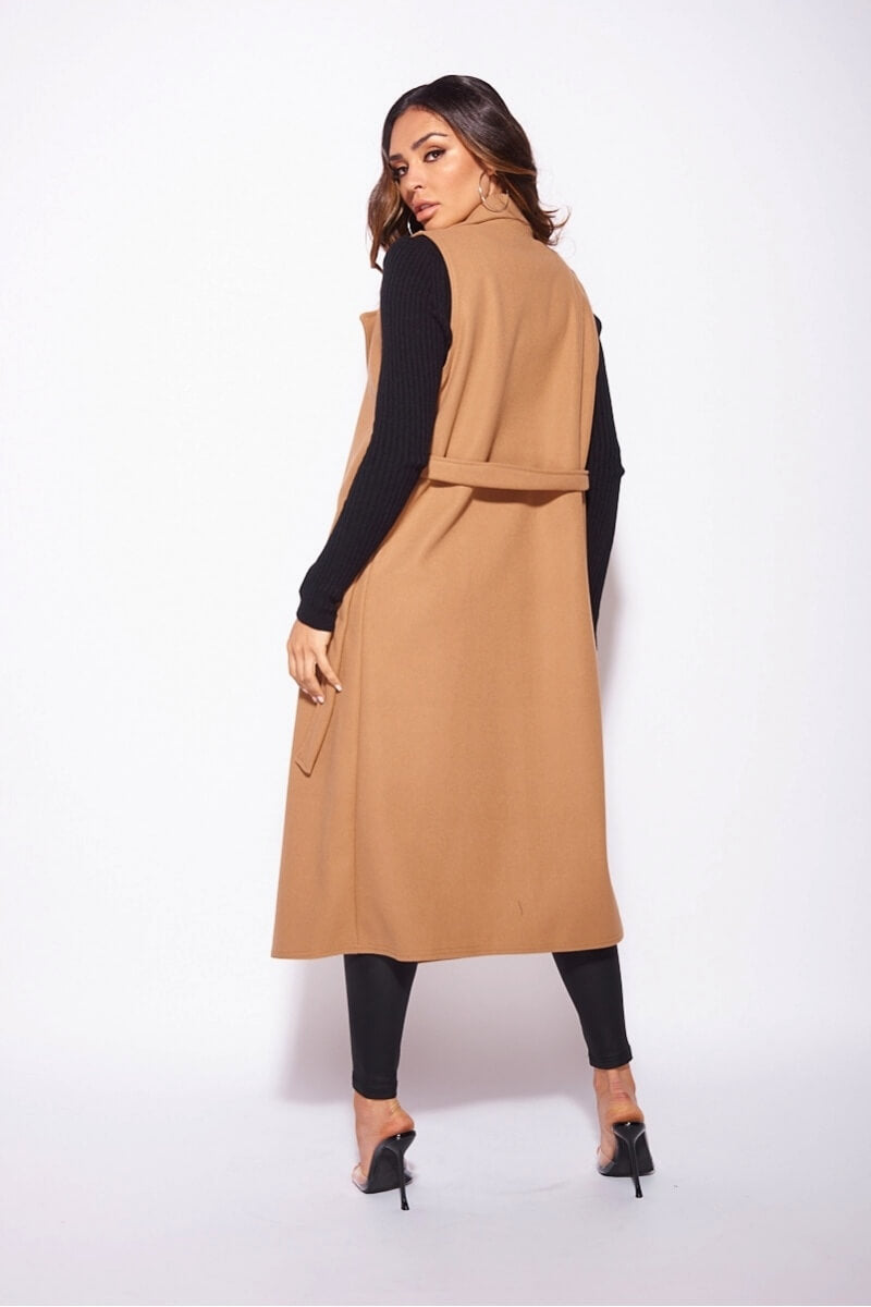 Camel Brushed Sleeveless Belted Duster Jacket