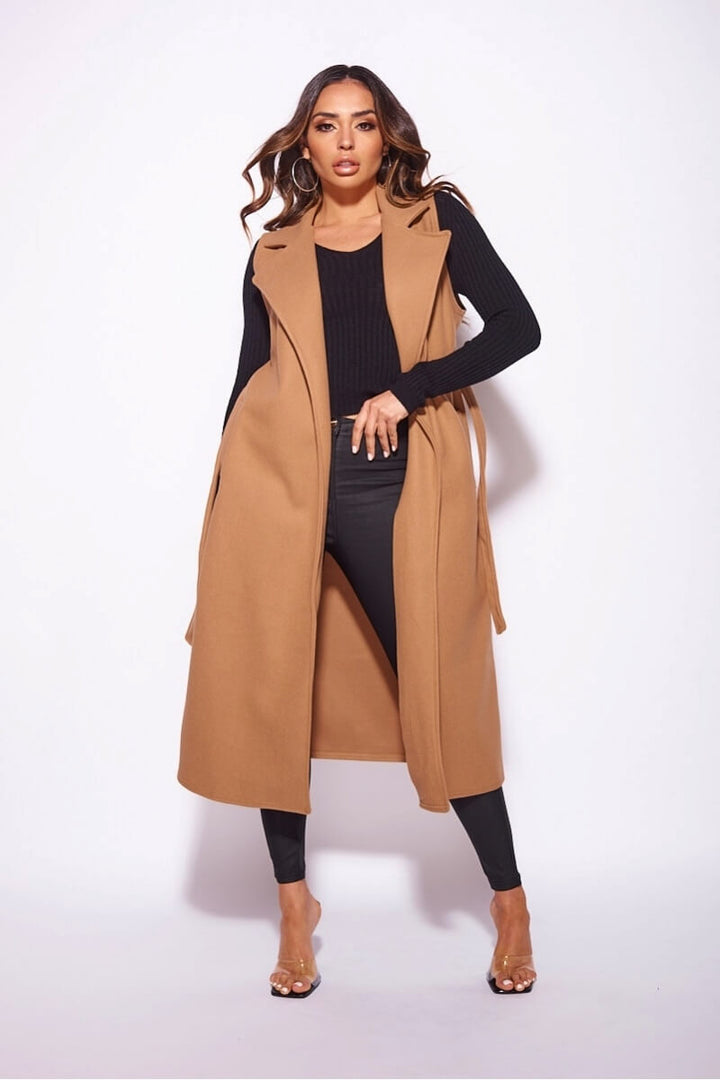 Camel Brushed Sleeveless Belted Duster Jacket