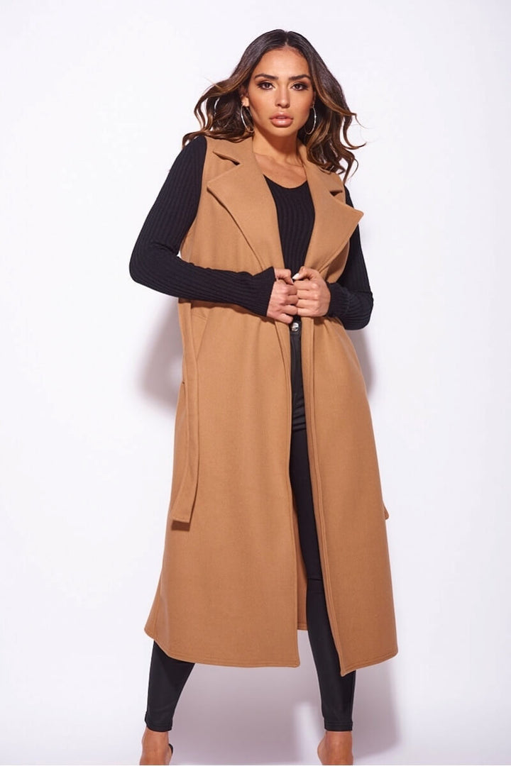 Camel Brushed Sleeveless Belted Duster Jacket