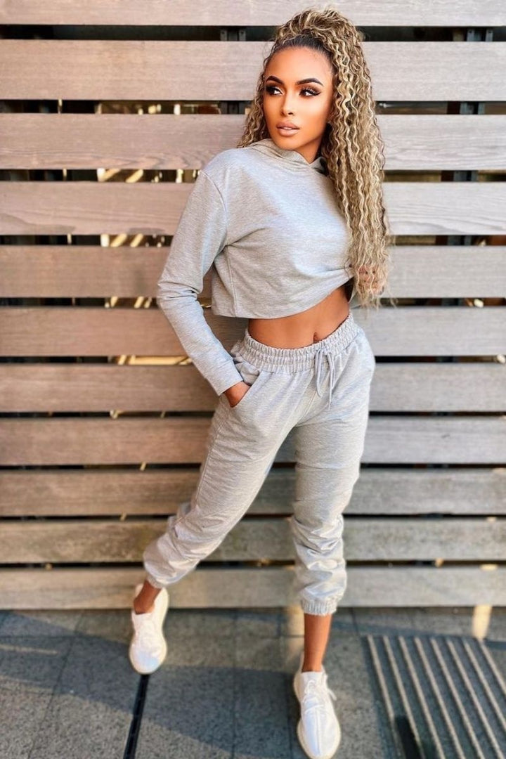 Grey Cropped Hoodie & Jogger Lounge Set