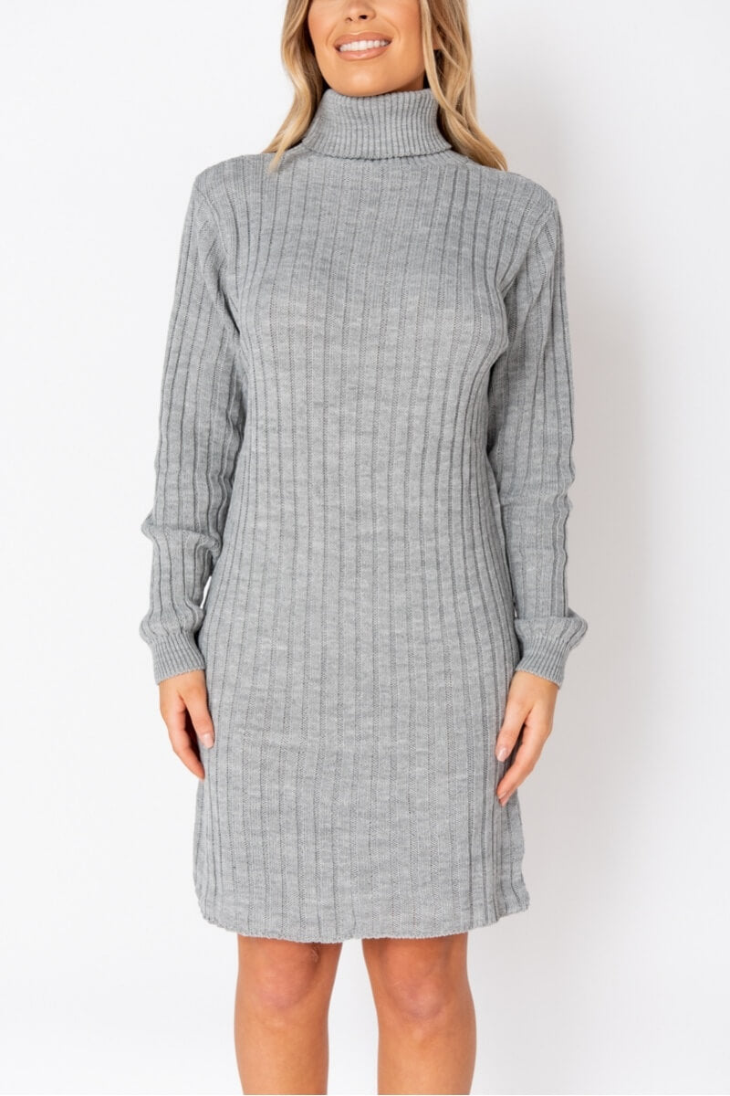 Grey Rib Knit Roll Neck Jumper Dress