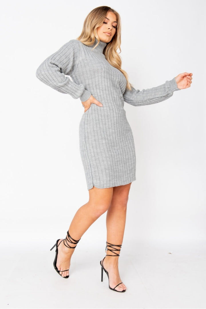 Grey Rib Knit Roll Neck Jumper Dress