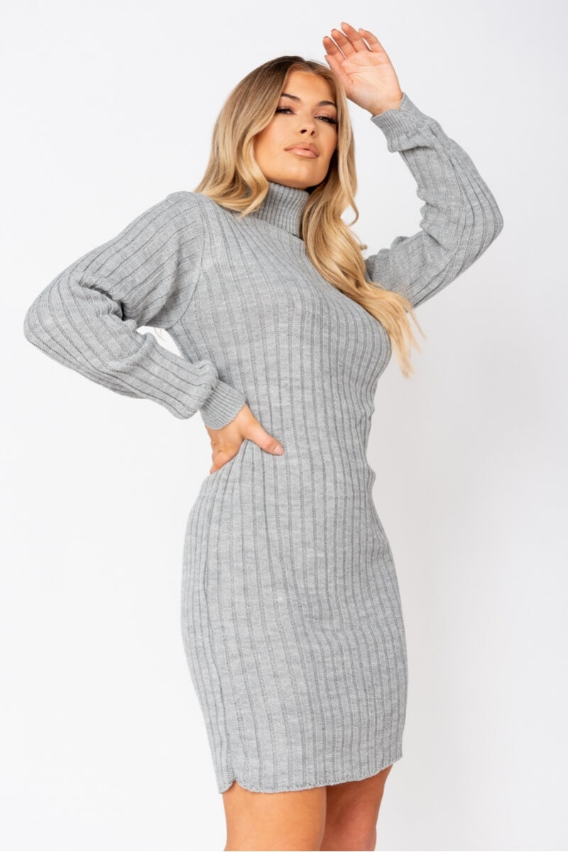 Grey Rib Knit Roll Neck Jumper Dress