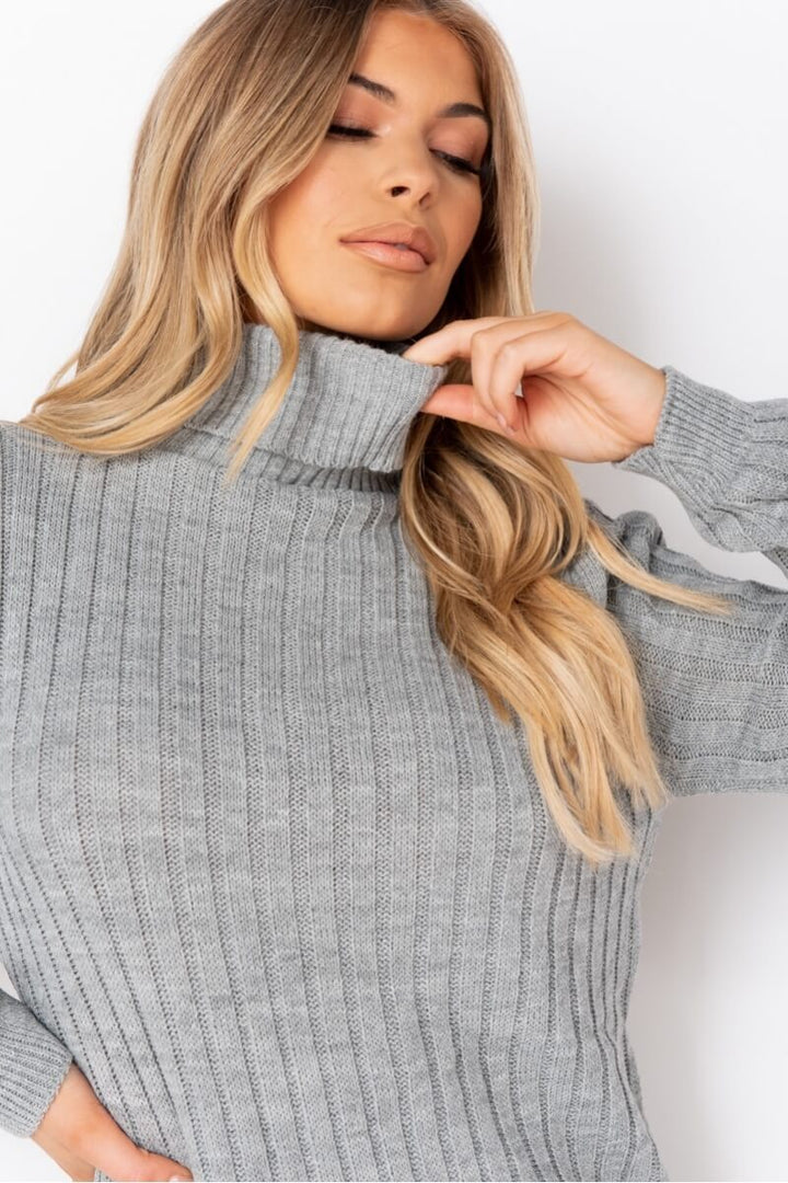Grey Rib Knit Roll Neck Jumper Dress