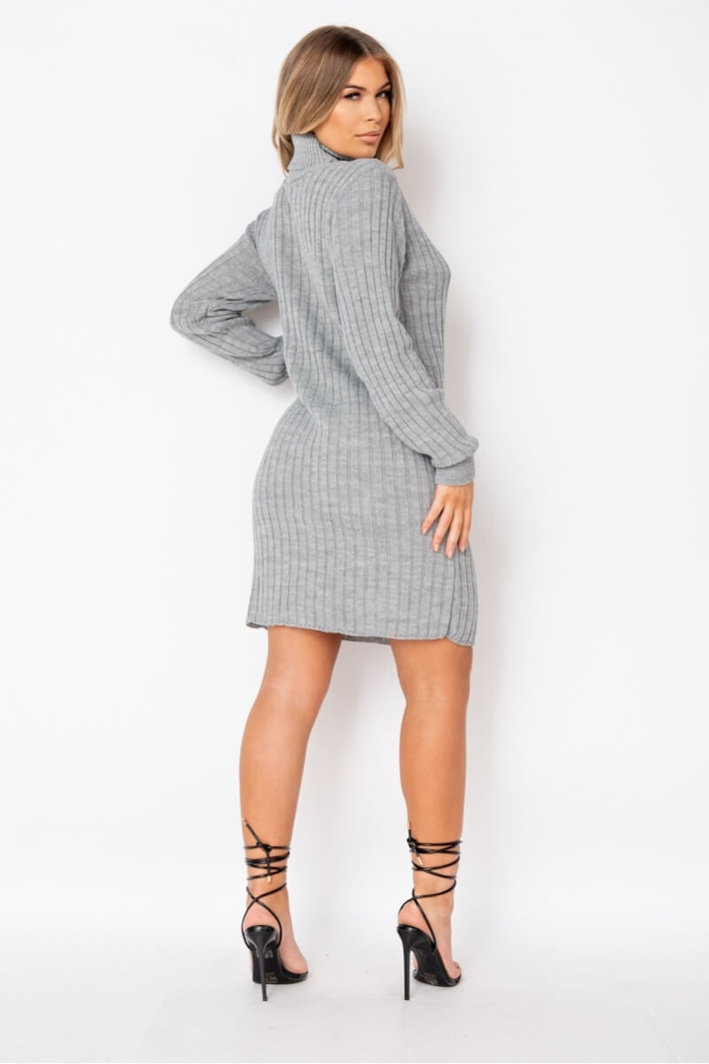 Grey Rib Knit Roll Neck Jumper Dress