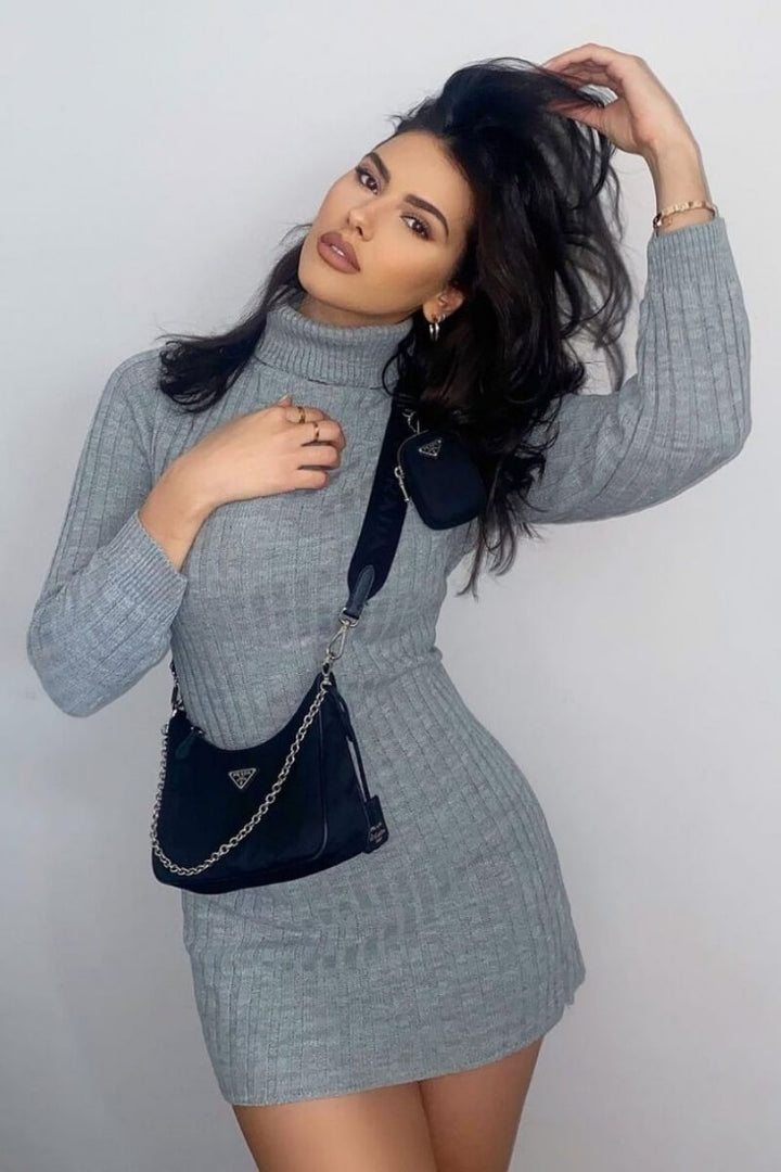 Grey Rib Knit Roll Neck Jumper Dress