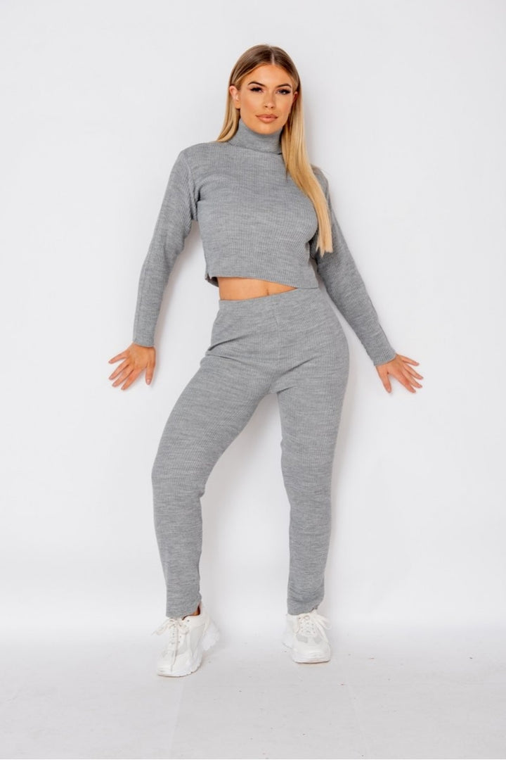 Grey Rib Knit Roll Neck & Legging Lounge Set