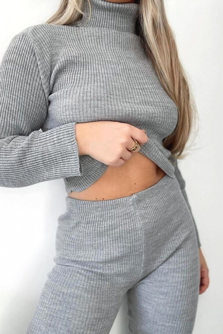 Grey Rib Knit Roll Neck & Legging Lounge Set
