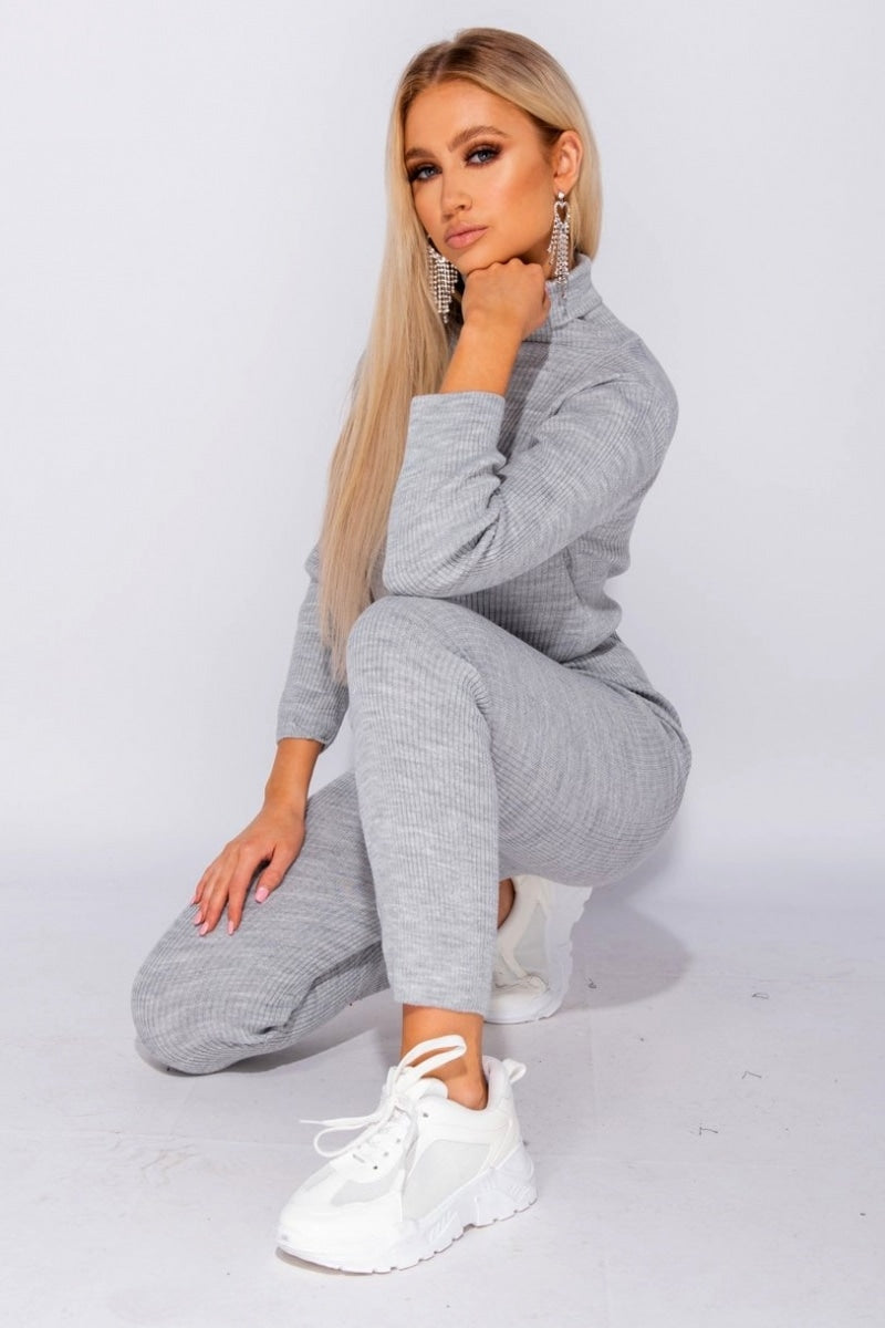 Grey Rib Knit Roll Neck & Legging Lounge Set
