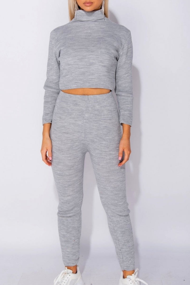 Grey Rib Knit Roll Neck & Legging Lounge Set