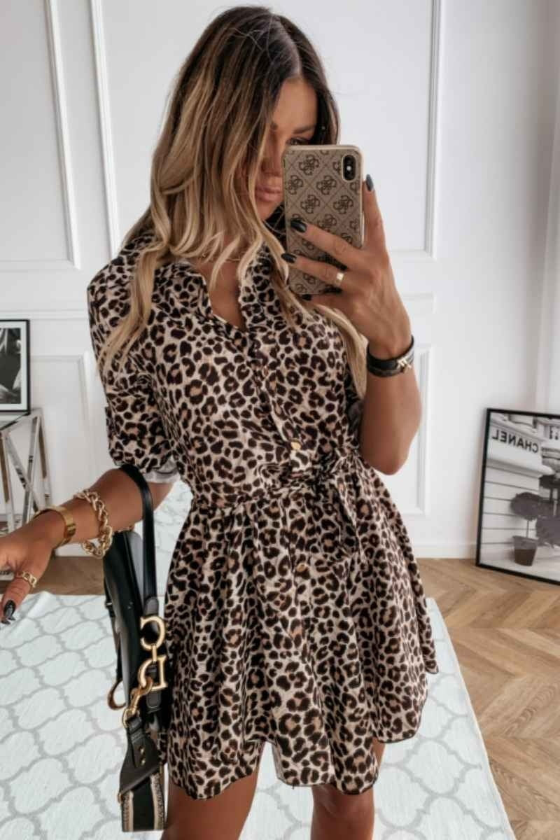 Leopard Self Belt Long Sleeve Shirt Dress