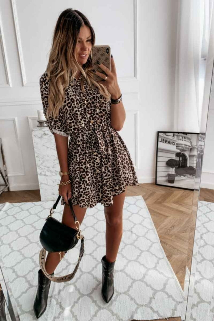 Leopard Self Belt Long Sleeve Shirt Dress