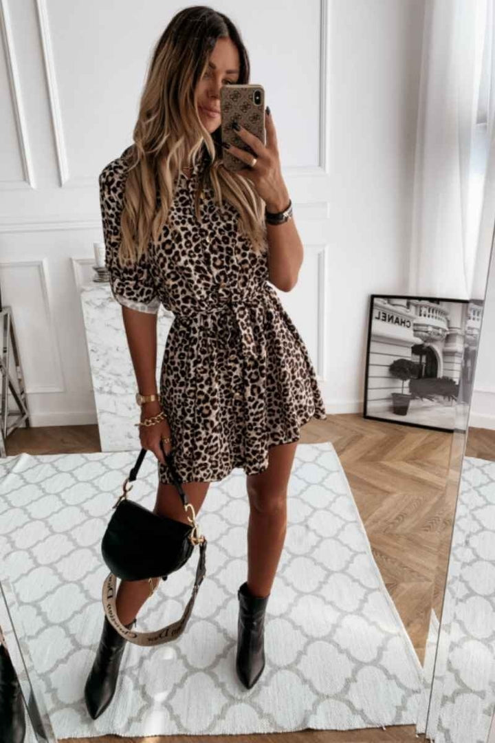 Leopard Self Belt Long Sleeve Shirt Dress