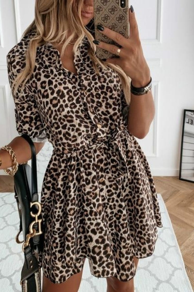 Leopard Self Belt Long Sleeve Shirt Dress