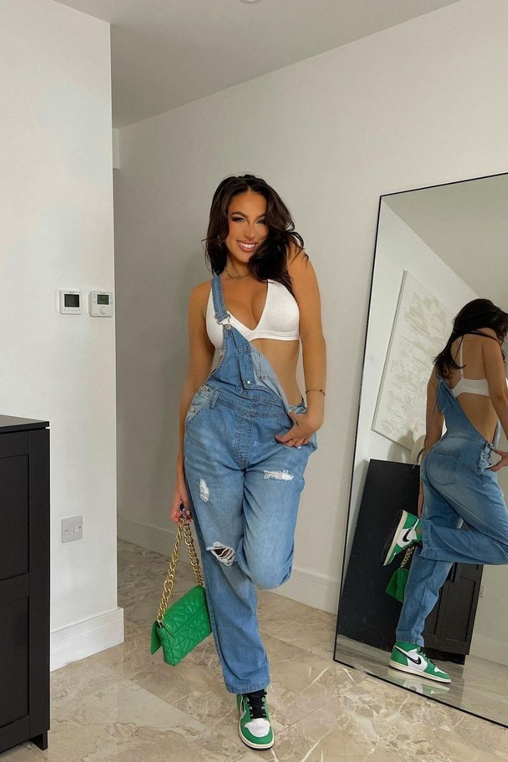 Light Blue Distressed Denim Dungarees