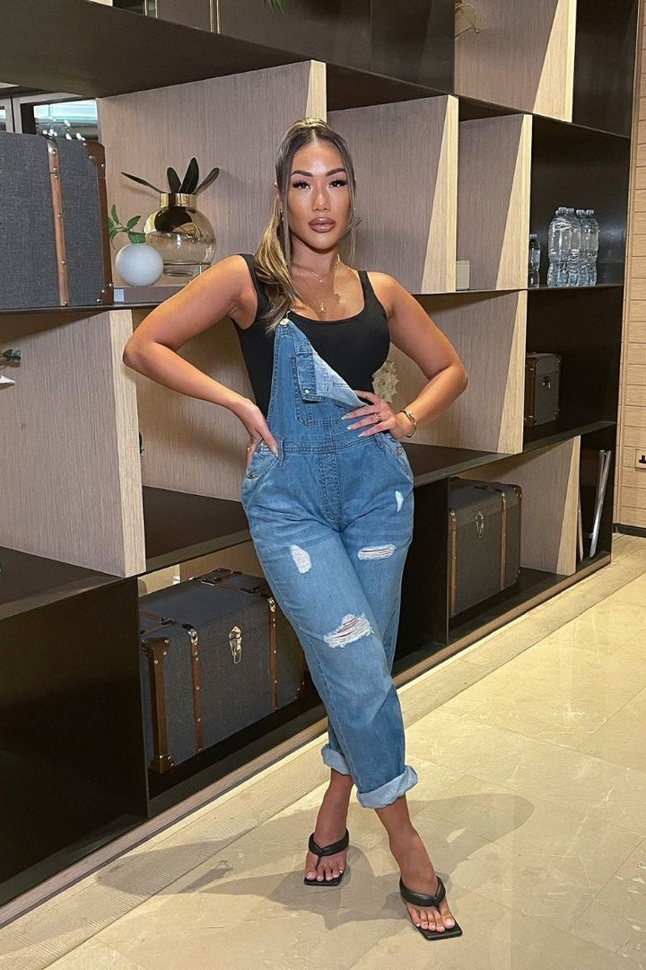 Light Blue Distressed Denim Dungarees