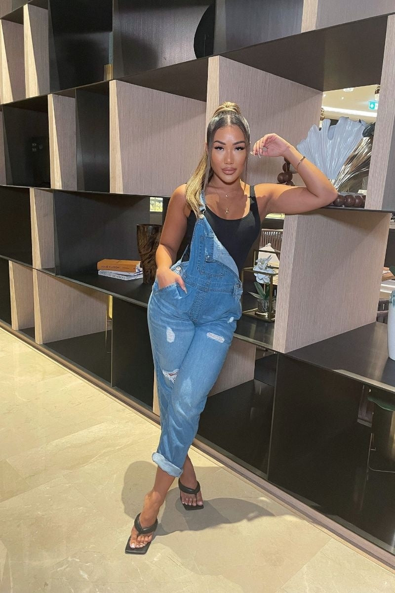 Light Blue Distressed Denim Dungarees