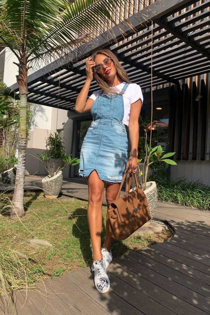 Light Blue Distressed Hem Pinafore Denim Dress