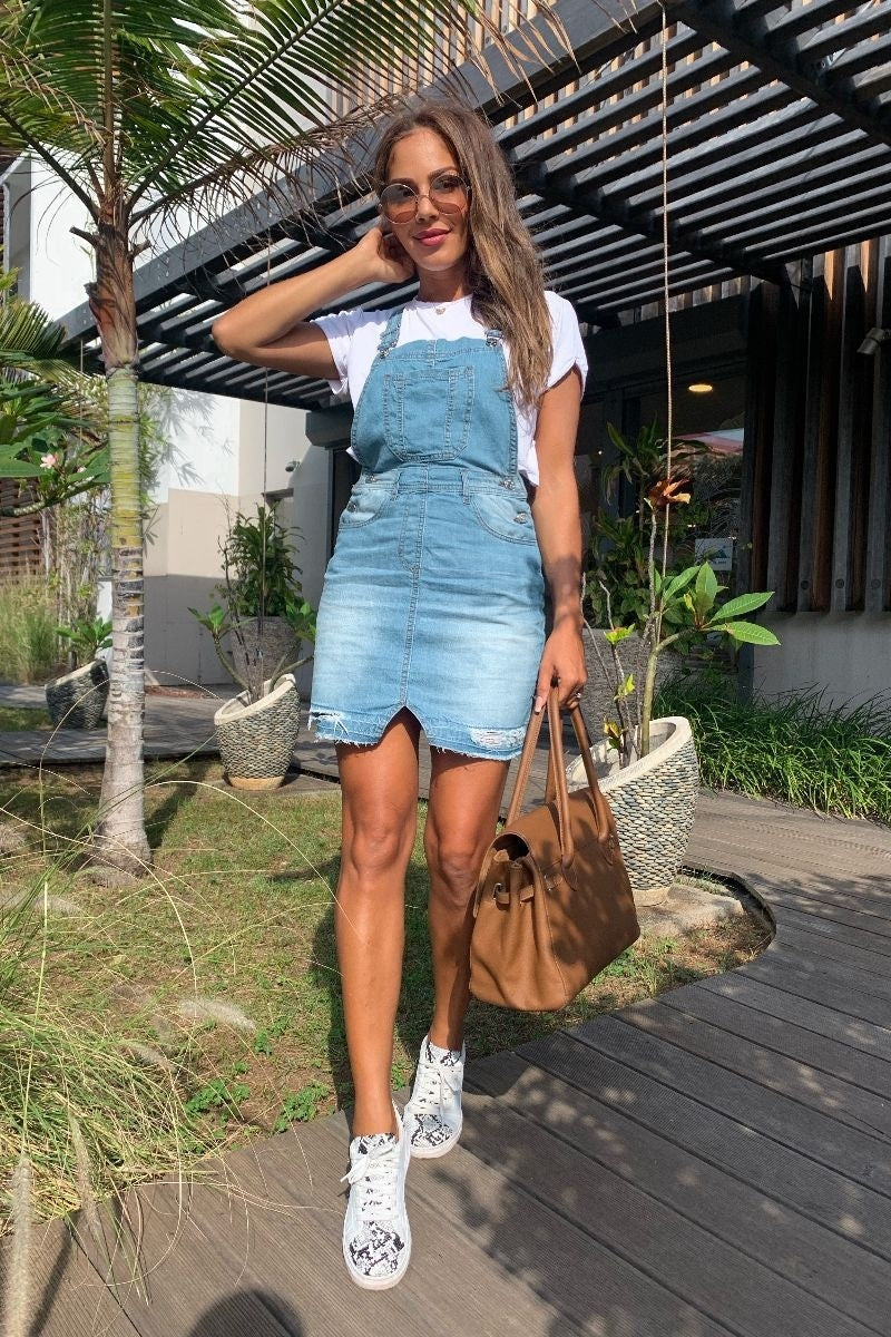 Light Blue Distressed Hem Pinafore Denim Dress