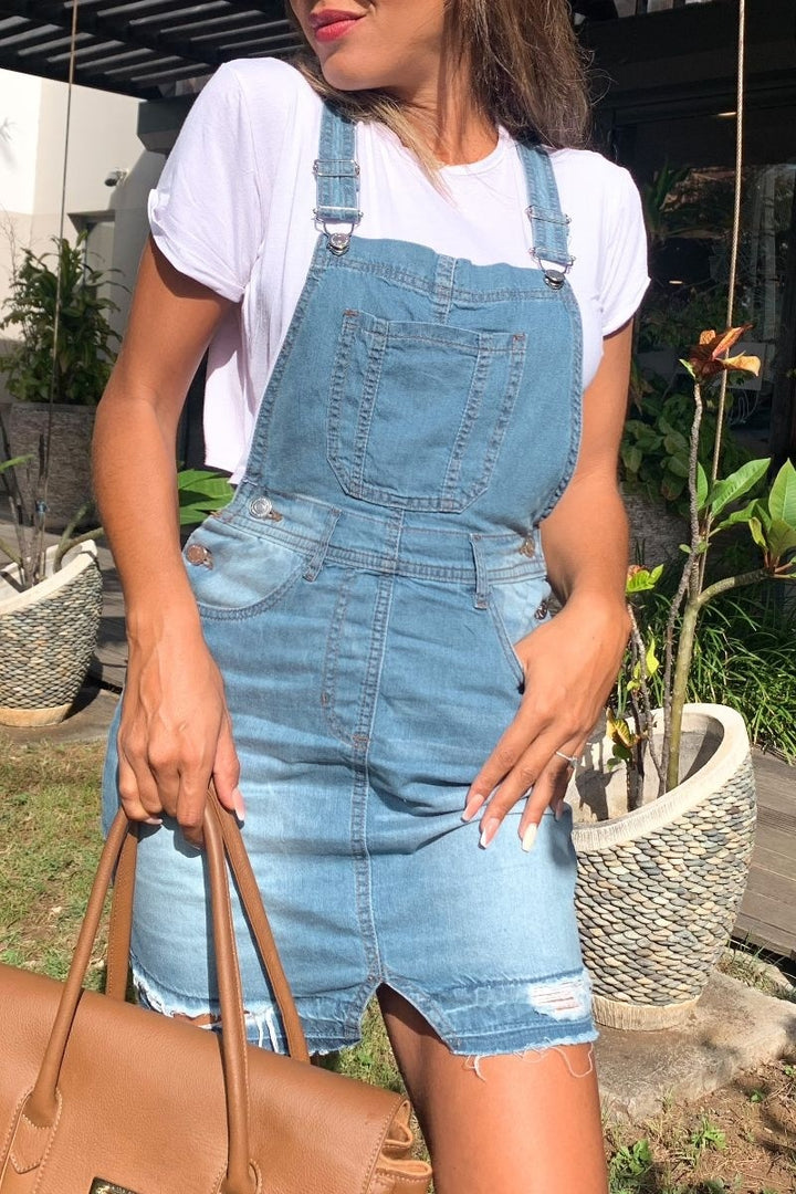 Light Blue Distressed Hem Pinafore Denim Dress