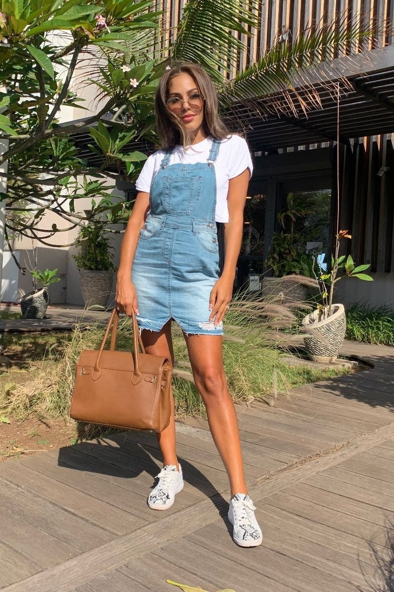 Light Blue Distressed Hem Pinafore Denim Dress