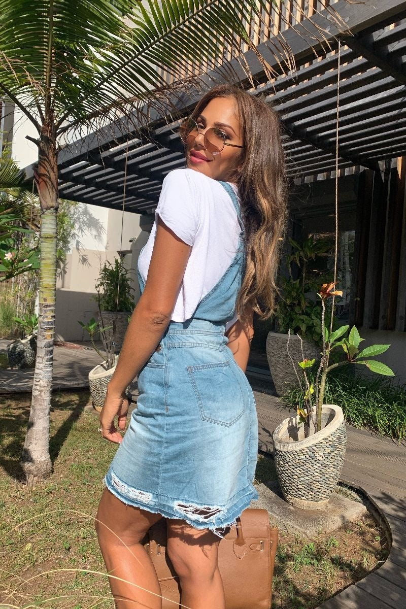 Light Blue Distressed Hem Pinafore Denim Dress