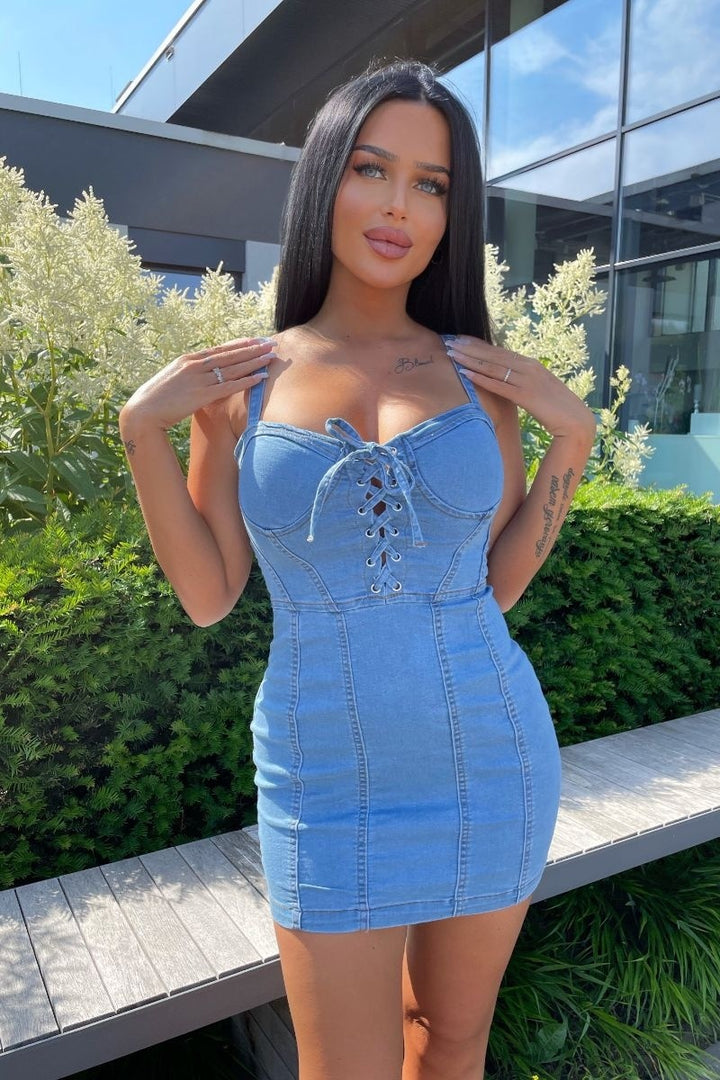 Light Blue Lace Up Bustier Denim Dress