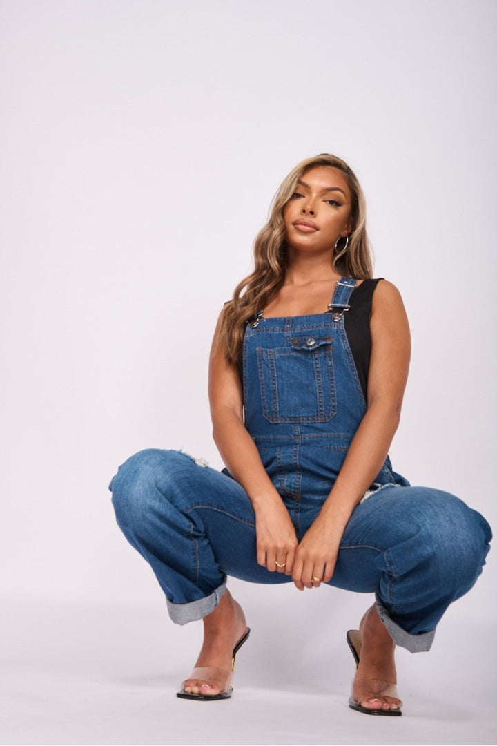 Mid Blue Distressed Denim Dungarees