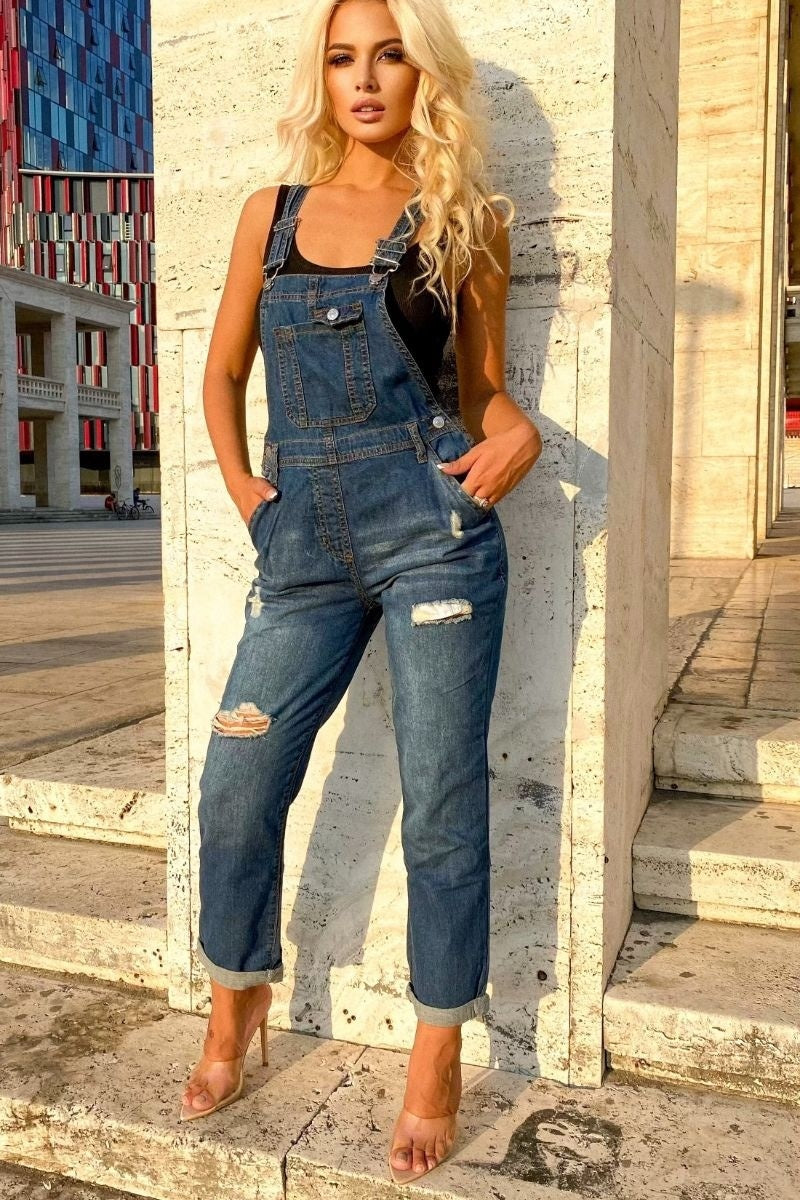 Mid Blue Distressed Denim Dungarees Fashion By Maya