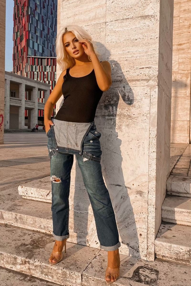 Mid Blue Distressed Denim Dungarees