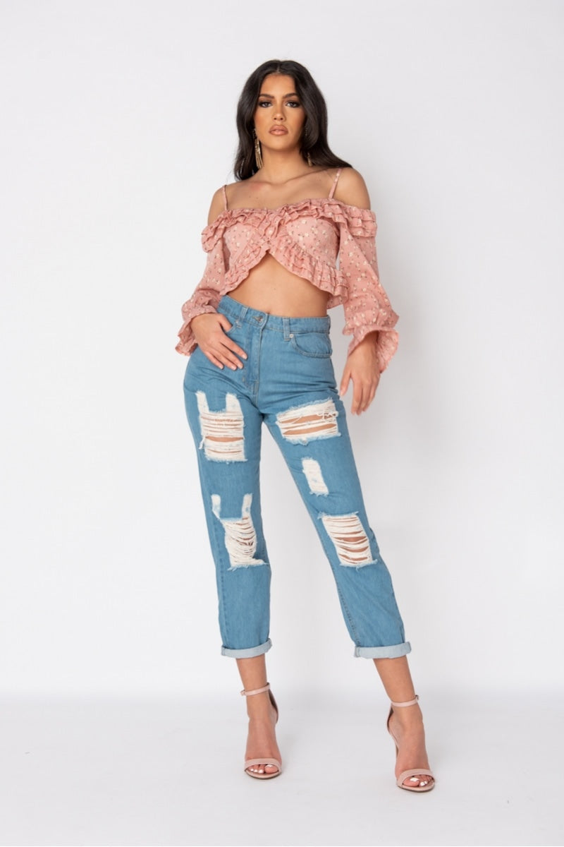 Mid Blue Distressed Multi Rip Turn Up Hem Mom Jeans