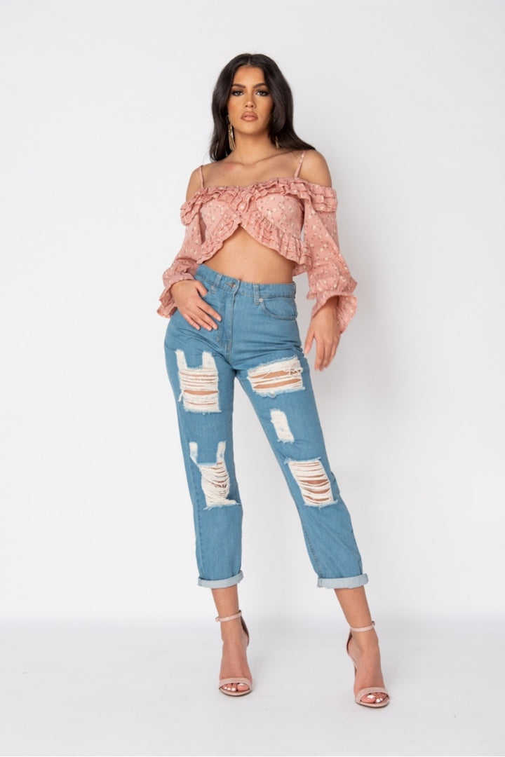 Mid Blue Distressed Multi Rip Turn Up Hem Mom Jeans
