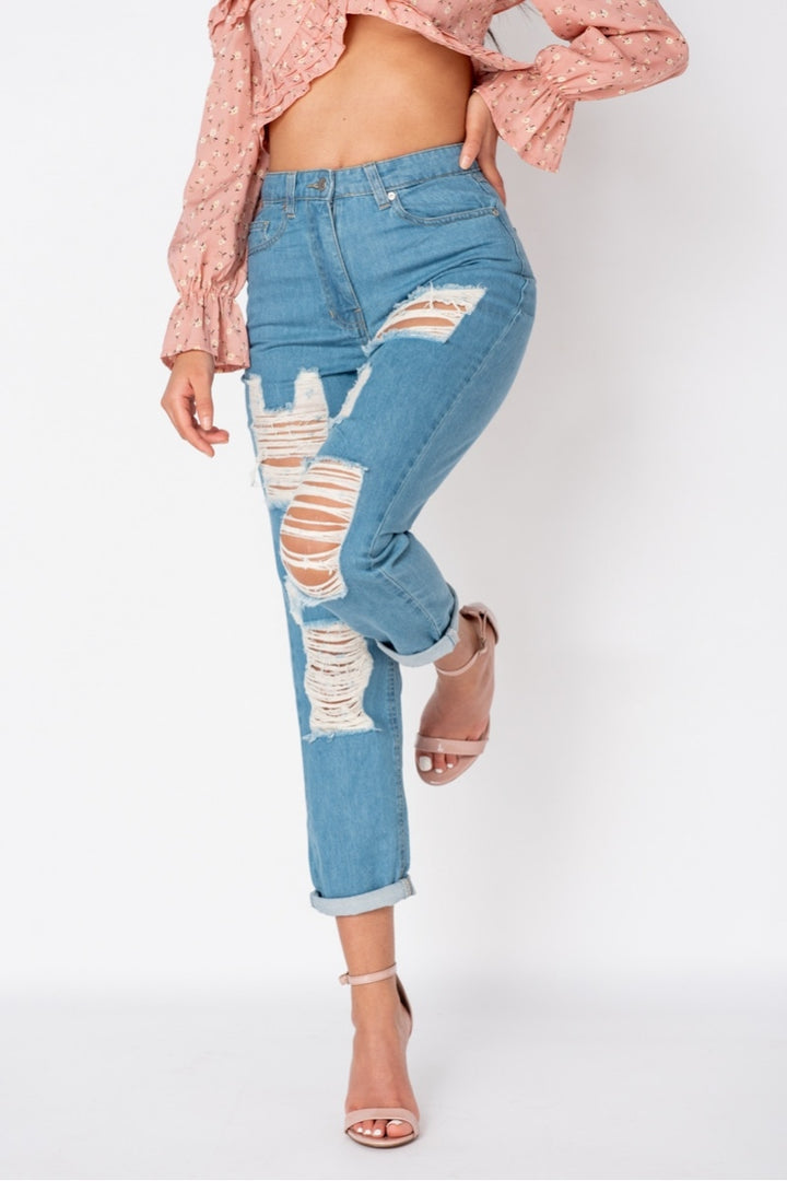 Mid Blue Distressed Multi Rip Turn Up Hem Mom Jeans