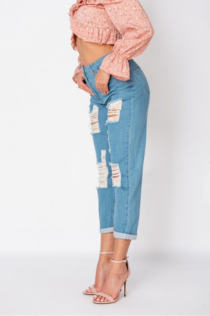 Mid Blue Distressed Multi Rip Turn Up Hem Mom Jeans