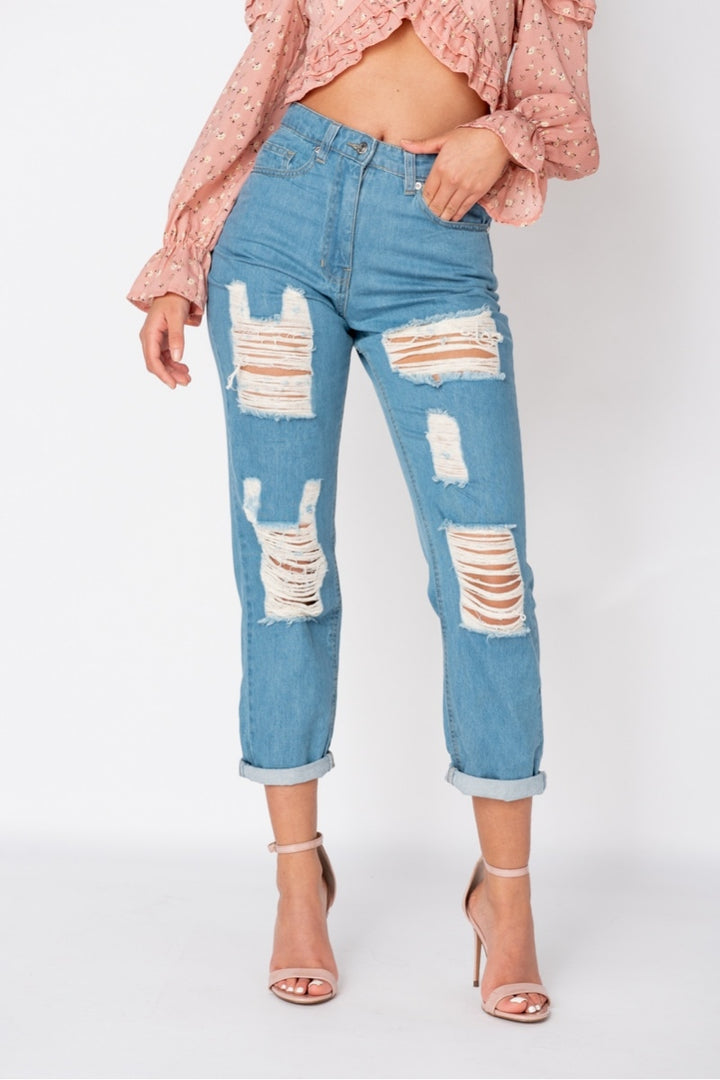 Mid Blue Distressed Multi Rip Turn Up Hem Mom Jeans