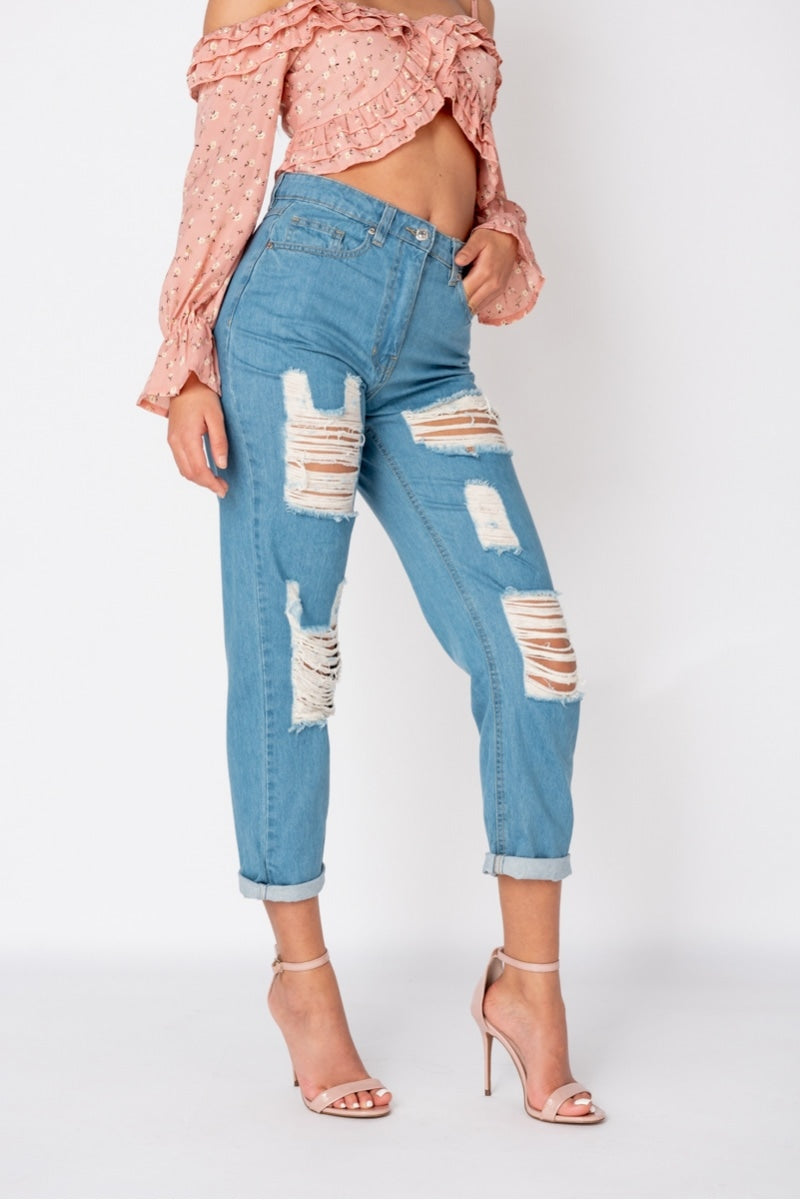 Mid Blue Distressed Multi Rip Turn Up Hem Mom Jeans
