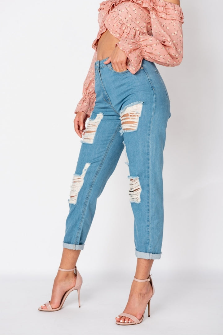 Mid Blue Distressed Multi Rip Turn Up Hem Mom Jeans