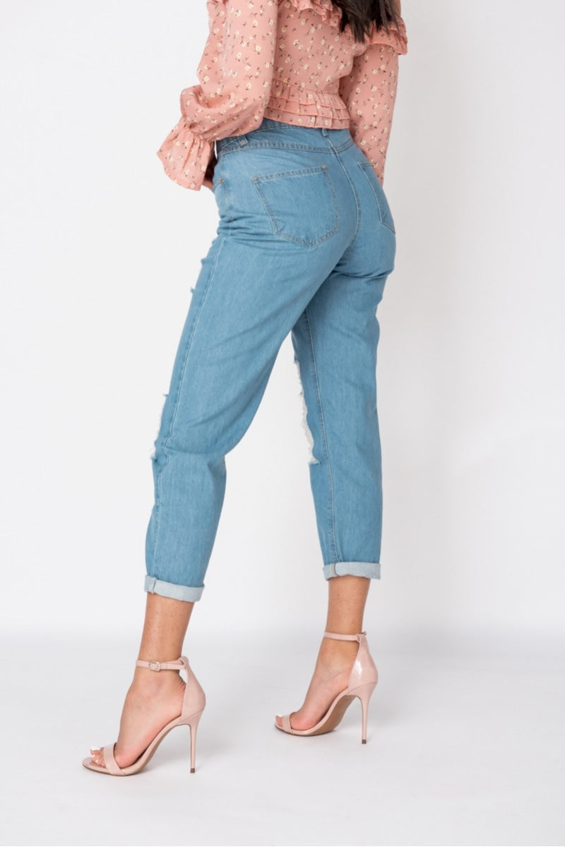 Mid Blue Distressed Multi Rip Turn Up Hem Mom Jeans