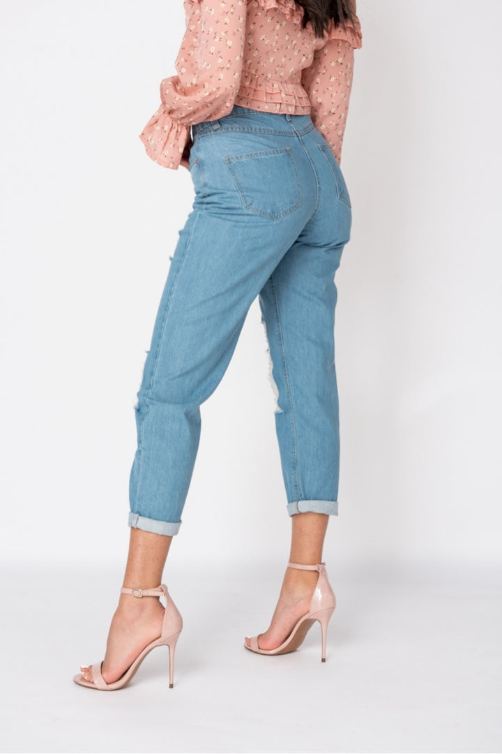 Mid Blue Distressed Multi Rip Turn Up Hem Mom Jeans