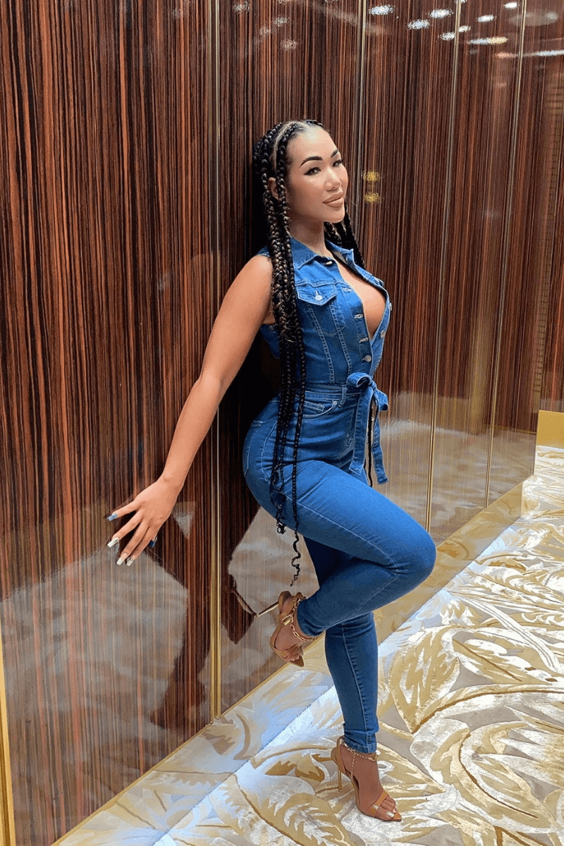 Mid Blue Sleeveless Belted Denim Jumpsuit