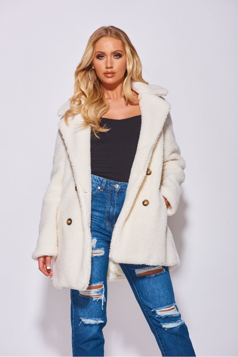 Off White Double Breasted Borg Teddy Coat