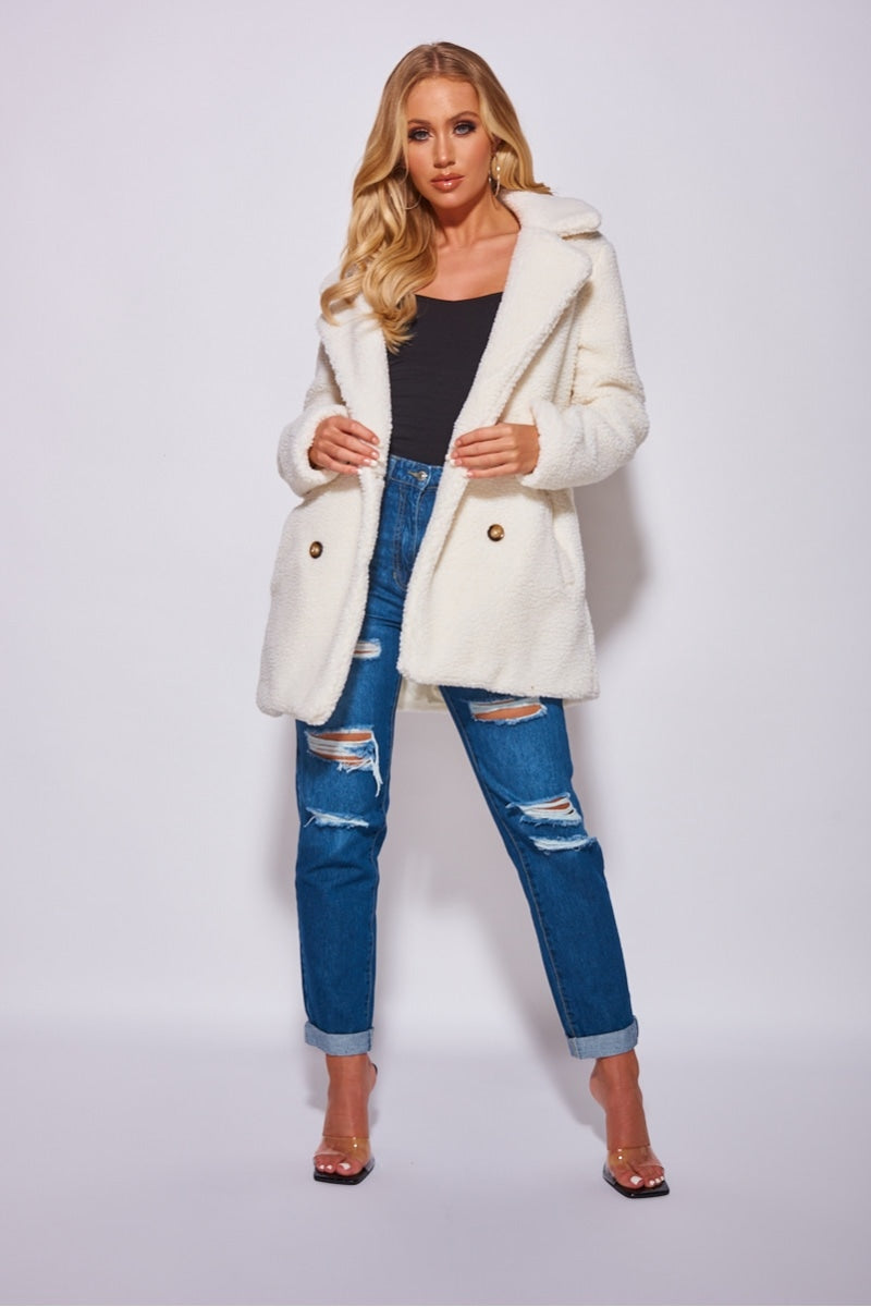 Off White Double Breasted Borg Teddy Coat