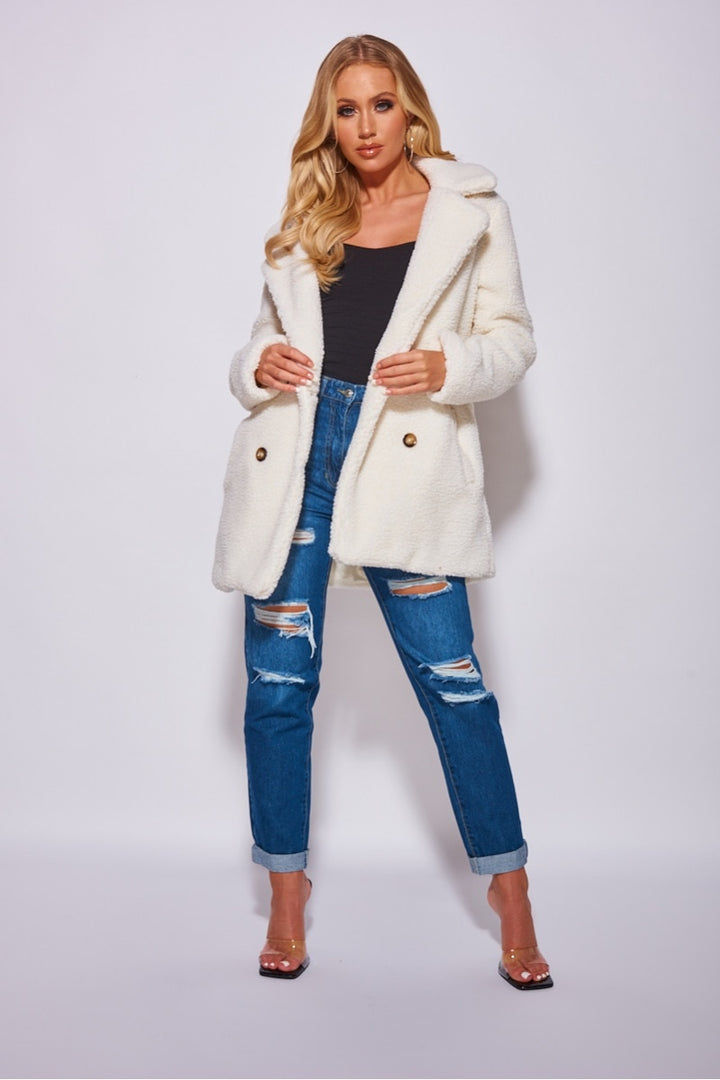 Off White Double Breasted Borg Teddy Coat