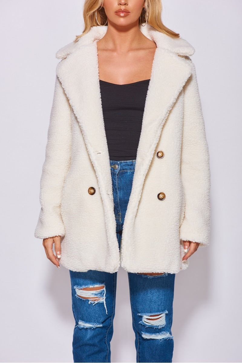 Off White Double Breasted Borg Teddy Coat